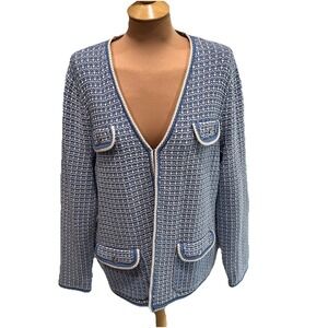 Talbots Knit Sweater Blazer Blue & White Old Money Preppy‎ Grandmacore